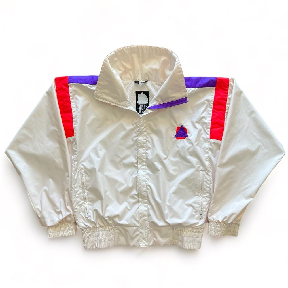 Vintage 80s Alpine Design Lined Windbreaker Nylon Zip Jacket Pink White Purple M